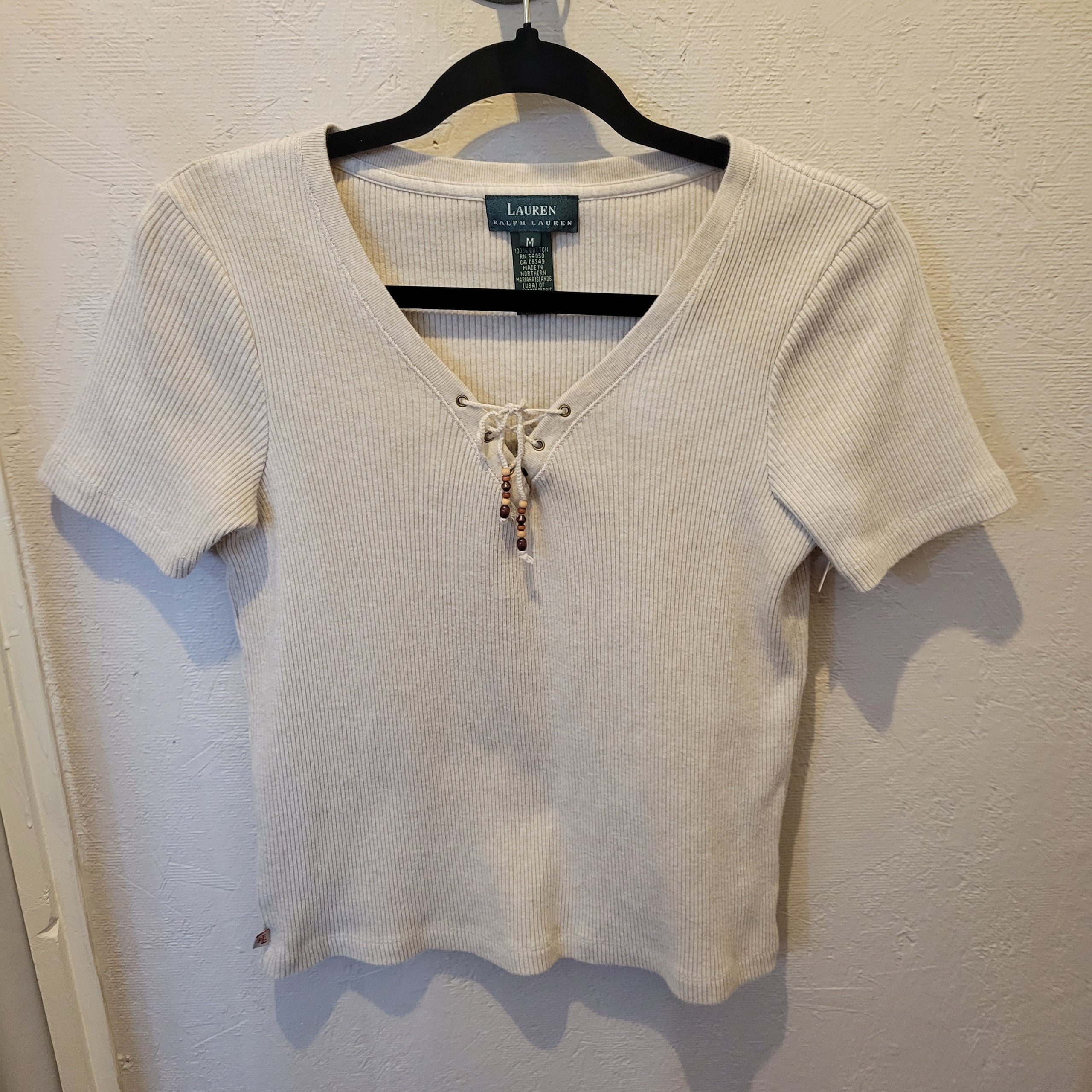 Ralph Lauren Tan Rib Knit Tee with Lace Up Neckline | Infinite Charm  Clothing Consignment